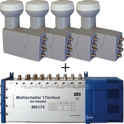 Multischalter DMS 17/4 mit Netzteil und 4x Quattro LNB
