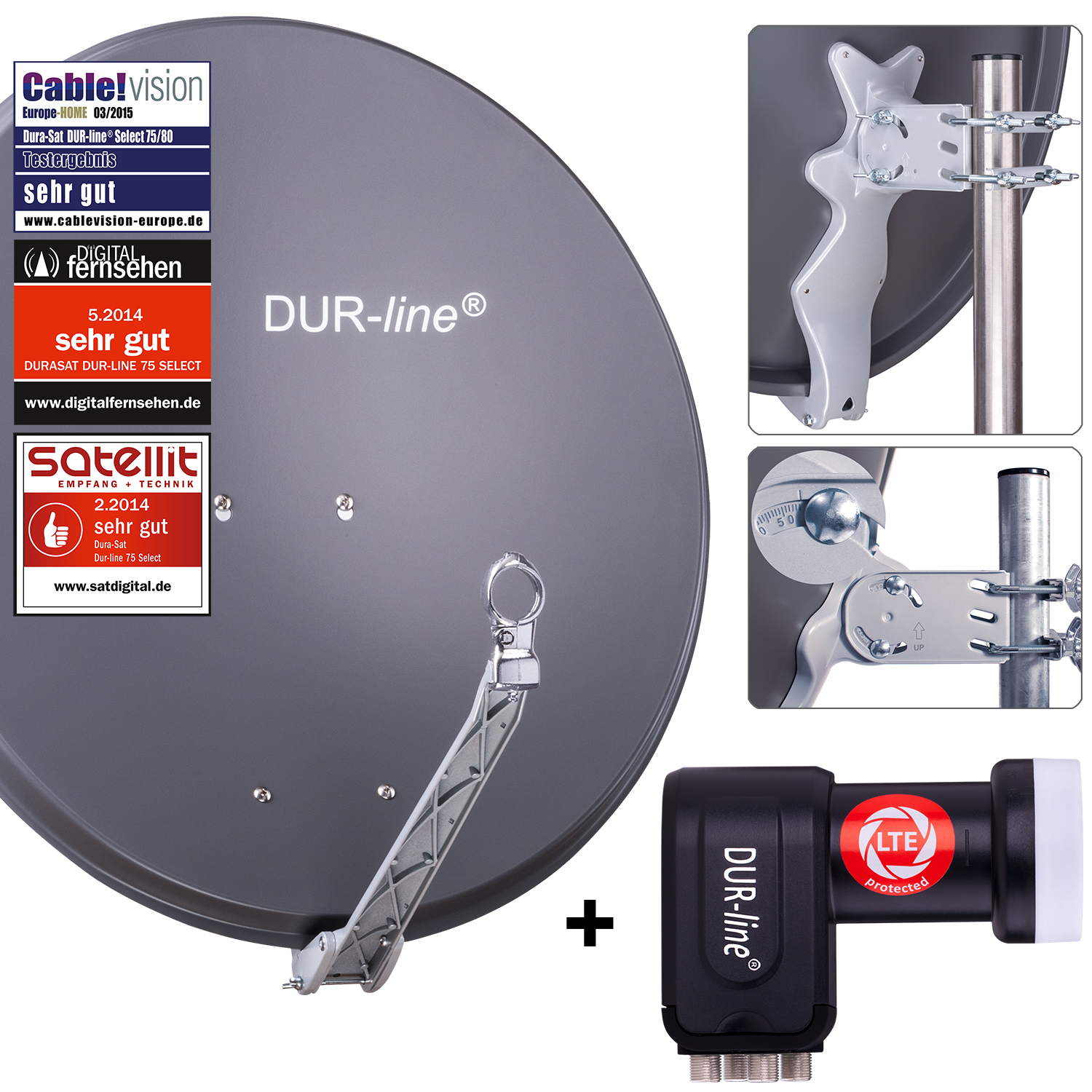 4K Fähige Satellitenanlage DUR-line Satellitenanlage Komplettset Für 4 Teilnehmer – Select 75/80 Anthrazit + Quad LNB, DVB-S2, 4K, 3D, Für Bis Zu 4 Receiver Gefrierschrank Nofrost